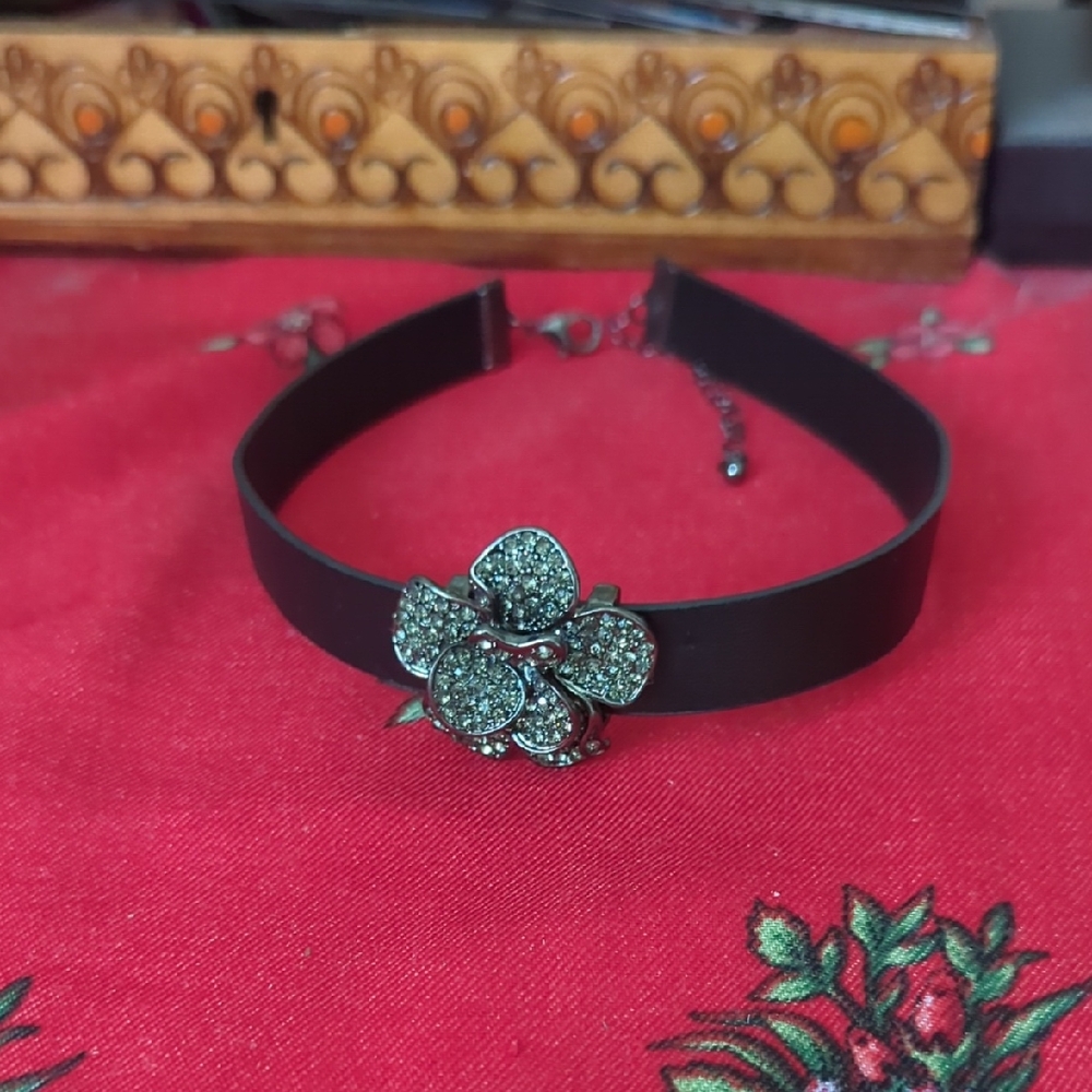 Black Collar/Choker with Silver Floral Accent